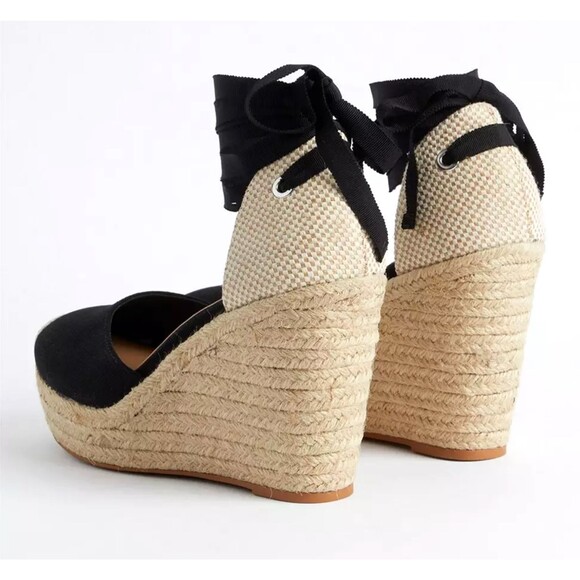 Torrid Canvas Espadrille Platform Wedge Size 11 WW Extra Wide Black Ankle Tie - Picture 4 of 6